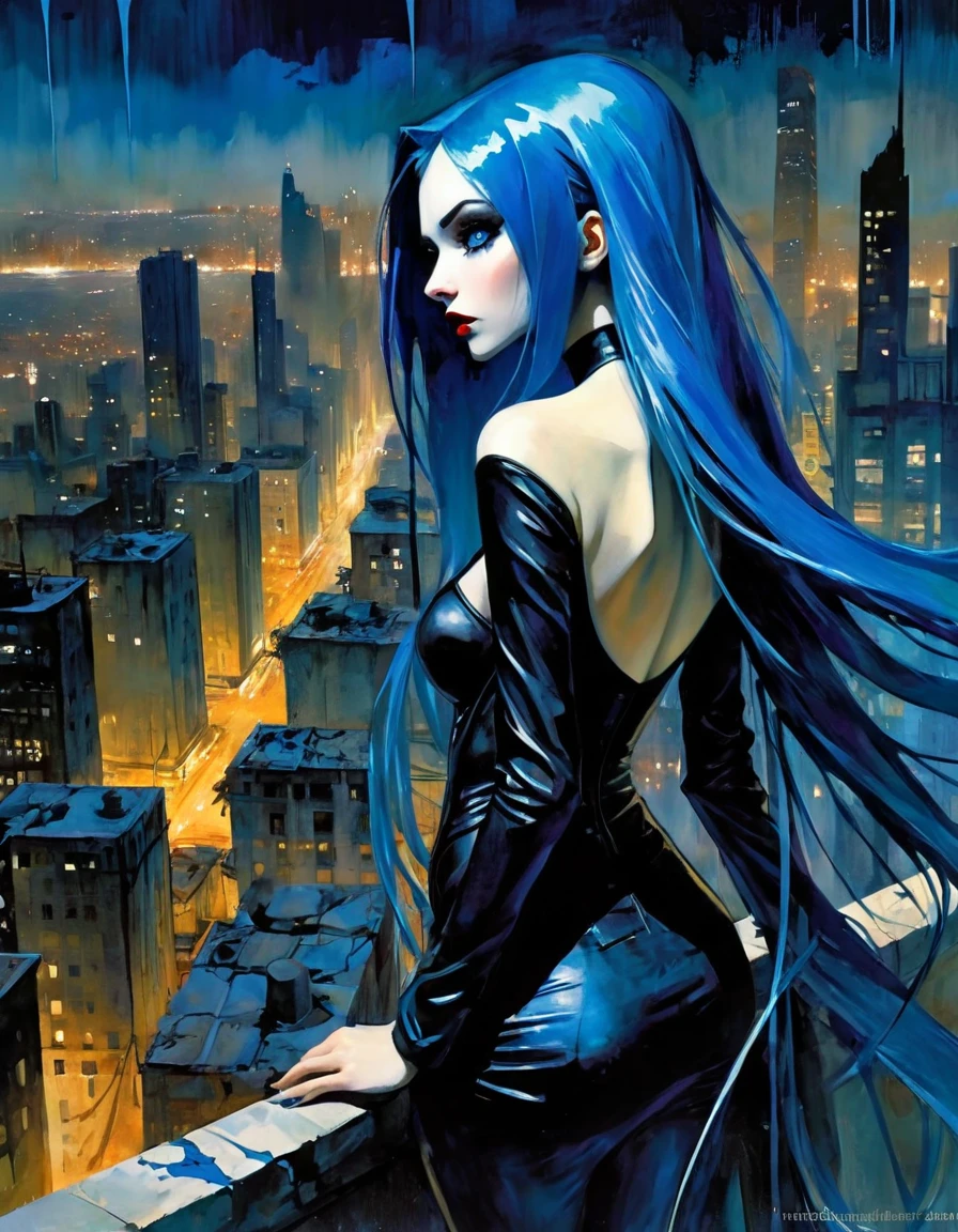 Masterpeace (midnight:1.3) Lost World Her view from behind Looking down at the deserted city from a ruined skyscraper, she realizes the crime she committed. Girl(long blue hair, age18, blue eyes, panic ) (Grim Reaper Costume, ) Beautiful and fantastic image blue hair, blue hair, long hair (art inspired by Bill Sienkiewicz) oil painting, details of brush strokes that enhance depth)