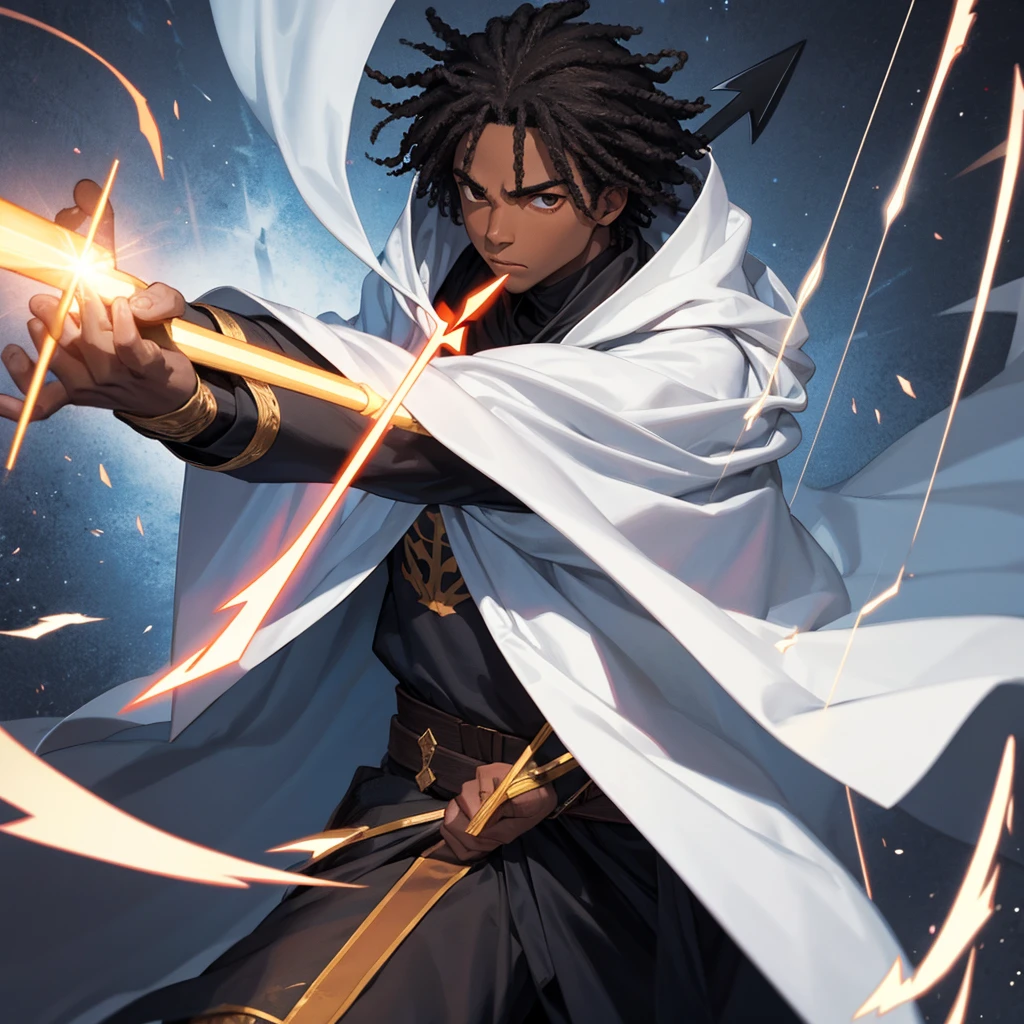 Black man character in white cloak with navy symbol using magma bow and arrows