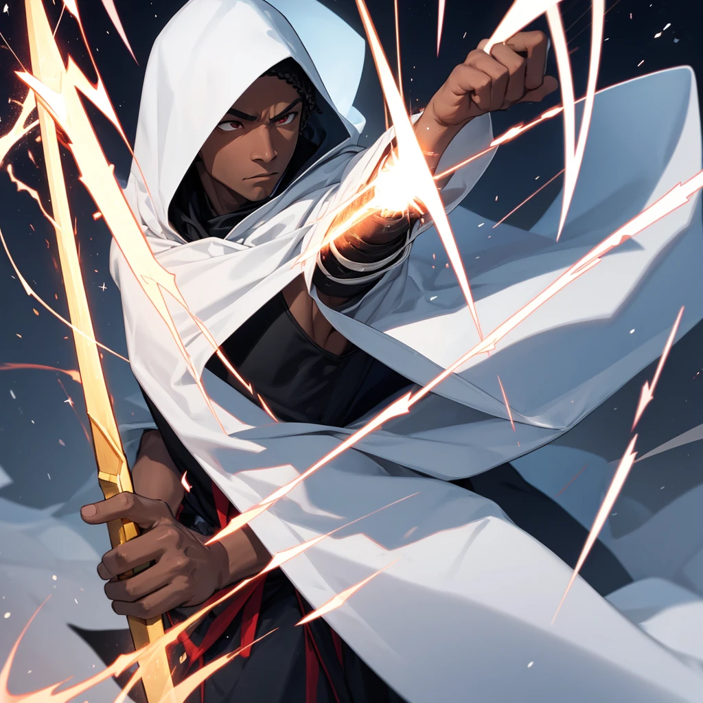 Black man character in white cloak with navy symbol using magma bow and arrows