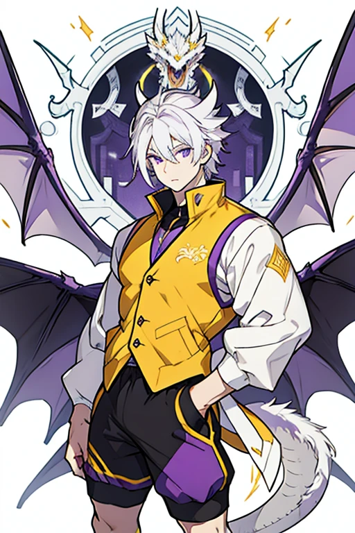 Muscular man white skin purple eyes white hair with legs hands wings and yellow dragon tail wearing a purple vest and black shorts