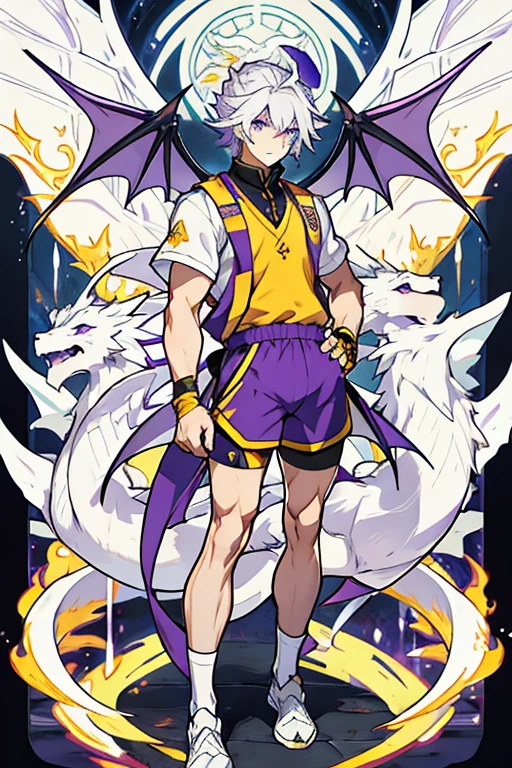 Muscular man white skin purple eyes white hair with legs hands wings and yellow dragon tail wearing a purple vest and black shorts