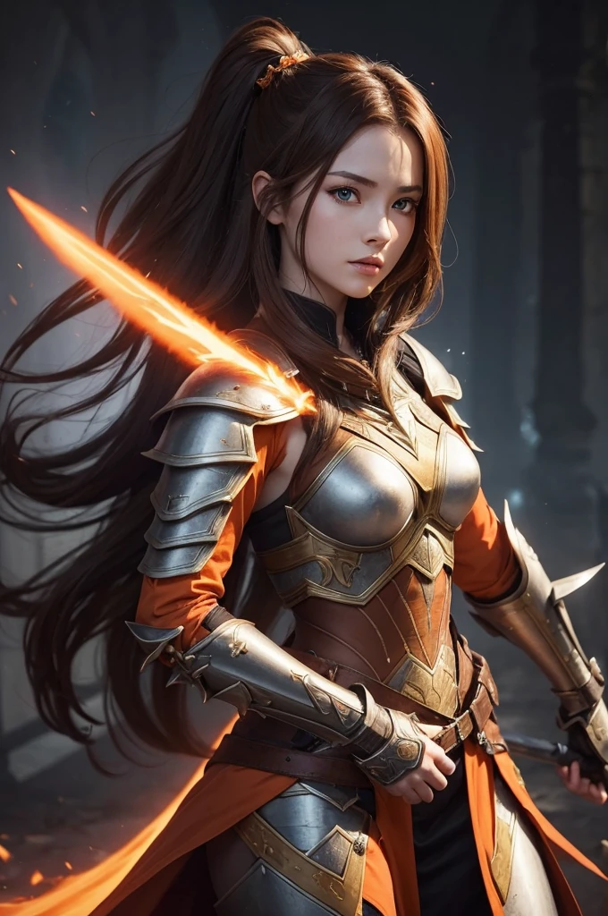 Make me an armored warrior princess with an aura greatsword, She has long, brown hair with a white streak, her predominant color is orange. Medieval RPG 

