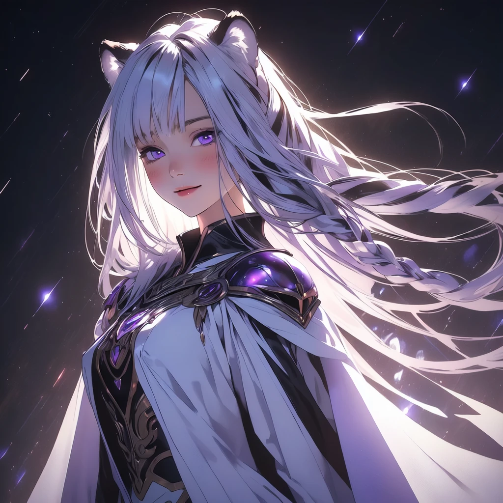 ((masterpiece)), (best quality), (ultra-detailed), photorealistic, (best illustration), ((an extremely delicate and beautiful)), 1girl, solo, long hair, tiger ears, [:tiger tail under:0.2], white hair, two-tone hair, full body, knight armor, crimson glowing details on armor, amulet on neck, Bracelets, crimson crystals in Bracelets, long lilac cape, open eyes, evil purple eyes, looking at viewer, malicious smile, blush, in space, goddess, low twin braids, loosen hair, quiet gesture, white armor, cybernetic armor, hyper detailed space,best illumination. 
