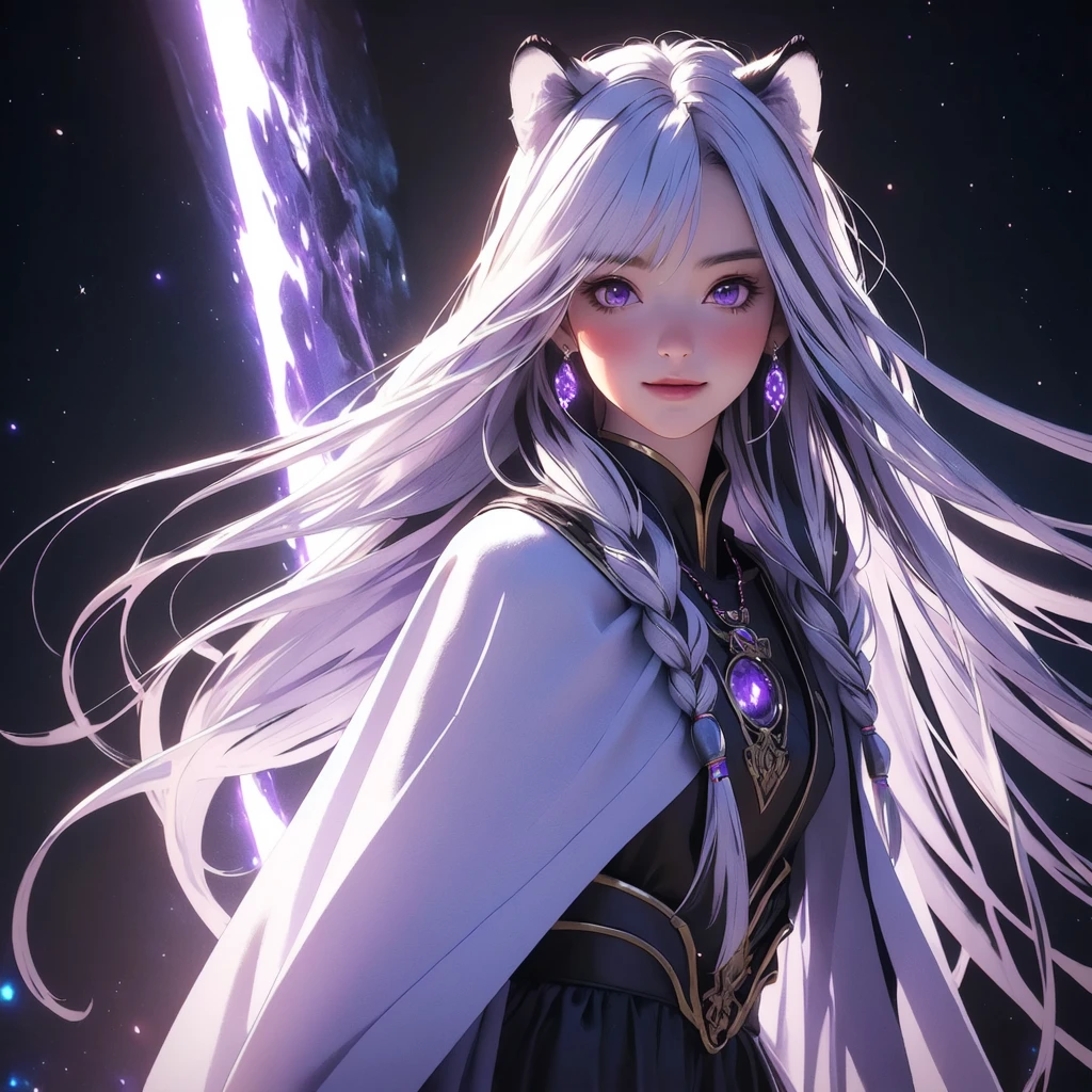 ((masterpiece)), (best quality), (ultra-detailed), photorealistic, (best illustration), ((an extremely delicate and beautiful)), 1girl, solo, long hair, tiger ears, [:tiger tail under:0.2], white hair, two-tone hair, full body, knight armor, crimson glowing details on armor, amulet on neck, Bracelets, crimson crystals in Bracelets, long lilac cape, open eyes, evil purple eyes, looking at viewer, malicious smile, blush, in space, goddess, low twin braids, loosen hair, quiet gesture, white armor, cybernetic armor, hyper detailed space,best illumination. 