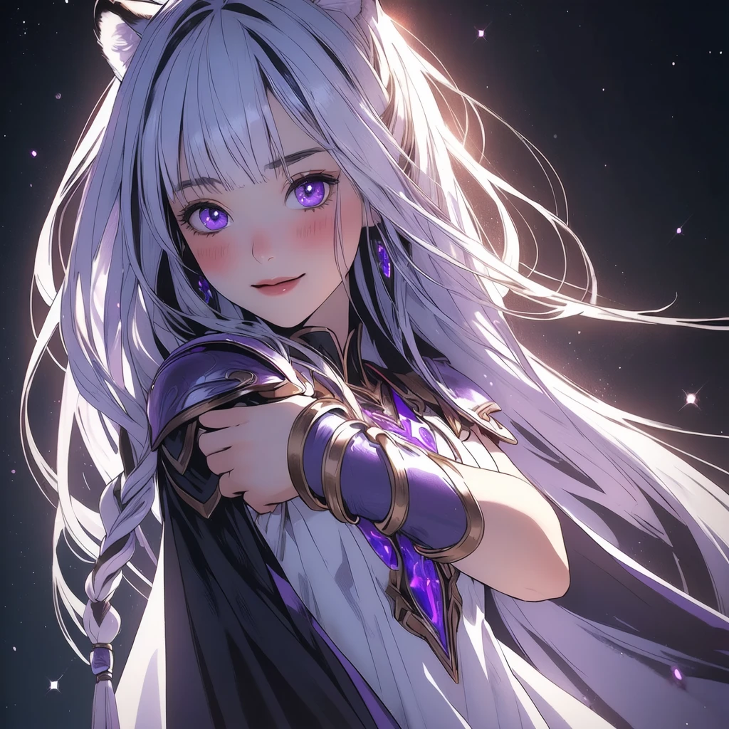 ((masterpiece)), (best quality), (ultra-detailed), photorealistic, (best illustration), ((an extremely delicate and beautiful)), 1girl, solo, long hair, tiger ears, [:tiger tail under:0.2], white hair, two-tone hair, full body, knight armor, crimson glowing details on armor, amulet on neck, Bracelets, crimson crystals in Bracelets, long lilac cape, open eyes, evil purple eyes, looking at viewer, malicious smile, blush, in space, goddess, low twin braids, loosen hair, quiet gesture, white armor, cybernetic armor, hyper detailed space,best illumination. 