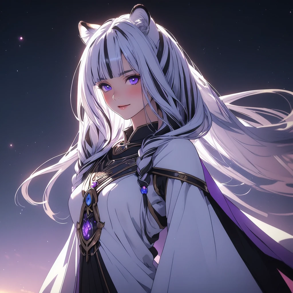 ((masterpiece)), (best quality), (ultra-detailed), photorealistic, (best illustration), ((an extremely delicate and beautiful)), 1girl, solo, long hair, tiger ears, [:tiger tail under:0.2], white hair, two-tone hair, full body, knight armor, crimson glowing details on armor, amulet on neck, Bracelets, crimson crystals in Bracelets, long lilac cape, open eyes, evil purple eyes, looking at viewer, malicious smile, blush, in space, goddess, low twin braids, loosen hair, quiet gesture, white armor, cybernetic armor, hyper detailed space,best illumination. 