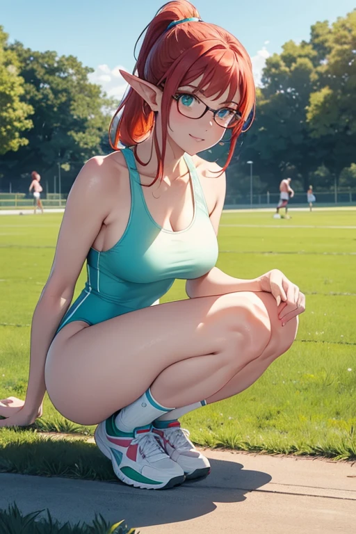 High quality very detailed clean image
1woman, milf, elf, citizen, crimson red hair tied in a ponytail with a pale white beautiful reibbon, 50 years old milf, fair skin, light blue green eyes, thin lips, medium big breasts, short pinted ears with tiny orange gems, kind smile, breathing out, dark blue square glasses, doing fitness, doing workout, pale white one piece leotard, beautiful legs, pink sport shoes, light green socks, running in the park, little sweating, afternoon park, sunny day, radiant day, green plaza