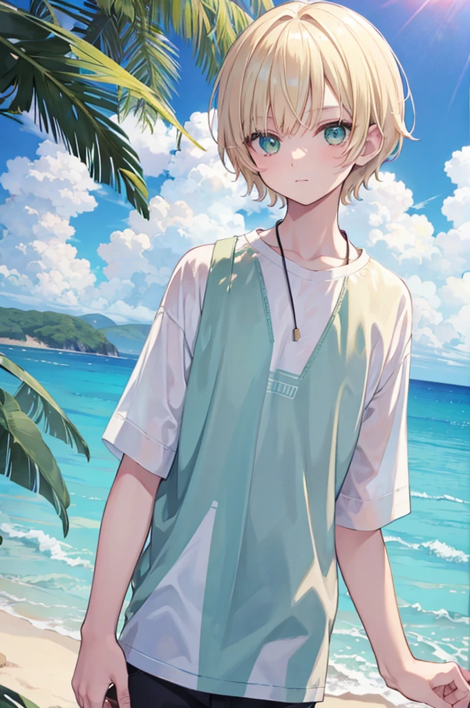 Blonde　Short Hair　Green Eyes　boy　Beautiful boy　shirt　blue sea　White sand beach　Light of the sun　smartphone　Selfie
