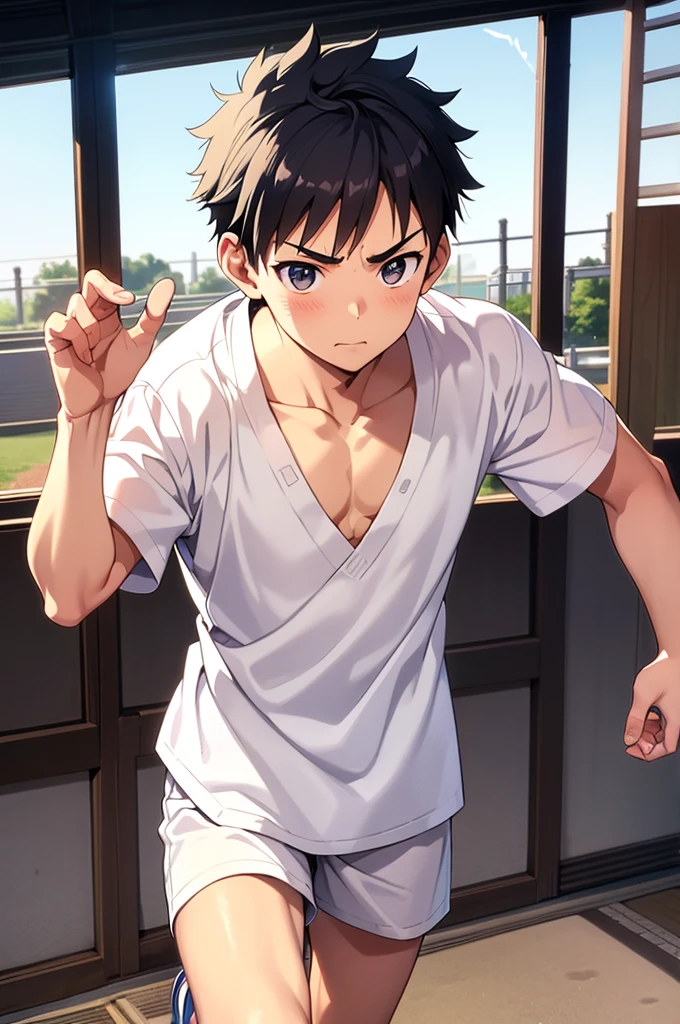 cool,,,,Refreshing athletic guy,,,boy,charm,Action,Vibrancy,Japanese high school student style,Magazine talent style,clavicle,thin limbs,Male Focus,main character,Buddy,Gentle Breeze,Dust,Natural light,Big white shirt,face,hand,eye,Her personality is pure and cute、Older brother Shota brainwashing,