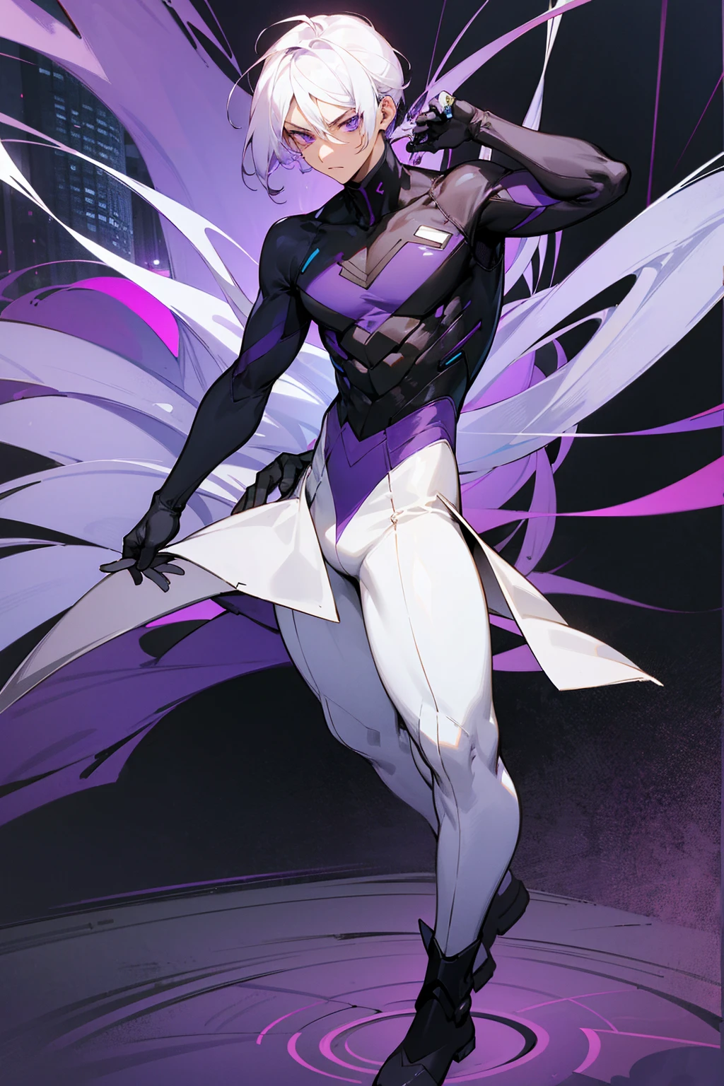 1male, white hair, purple undertone, comb over hair, purple eyes , full body combat suit, serious expression, black suit with white accents, city background, standing on path, hands behind back