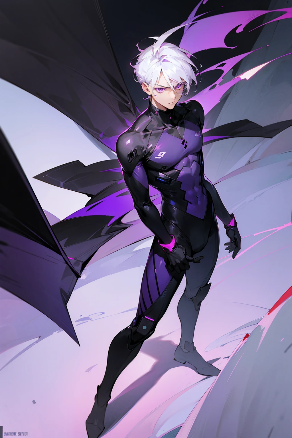 1male, white hair, purple undertone, comb over hair, purple eyes , full body combat suit, serious expression, black suit with white accents, city background, standing on path, hands behind back