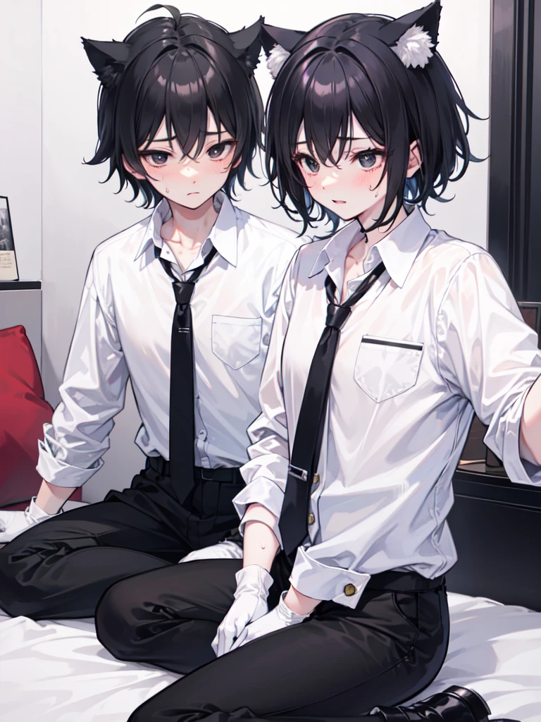 18-year-old Shota，cute，Wear a white long-sleeved shirt and a black work tie，Wear black pants，Wear black booties，Wear white gloves，wear cat ear，Black hair，Black eyes，blush，sweat，Fear，Unwilling，uncomfortable