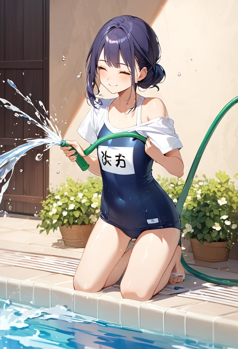 beautiful girl、16 years old、Off the shoulder、School Swimsuit、slouch、Chest、Flat Chest、Poolside、smile、Spraying water with a hose
