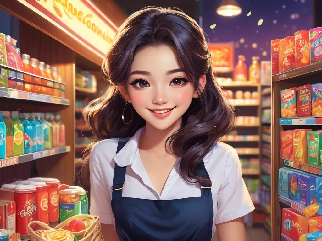 Midnight convenience store clerk,illustration,Cores pastel,luz suave,luzes de neon,Atmosfera acolhedora,Kind,Prateleiras pitorescas,Detalhes meticulosos,Avental com estampa de flores,tema flor de cerejeira,friendly smile,well-groomed appearance,Fun hair accessories,olhos charmosoaquiagem natural,calming music,vitrine da loja,Tarde da noite,Old fashioned cash register,Instant noodles on the shelf,Bebidas refrescantes, revistas e jornais,Rack de loteria,piso limpo,Mercadoria organizada,Creative store decoration,Adesivos de janela,sombra,(melhor qualidade,super bem,fotorrealismo),Realidade Imersiva,Cores brilhantes,cityscape at night,Outdoor Signoonlight Sky。