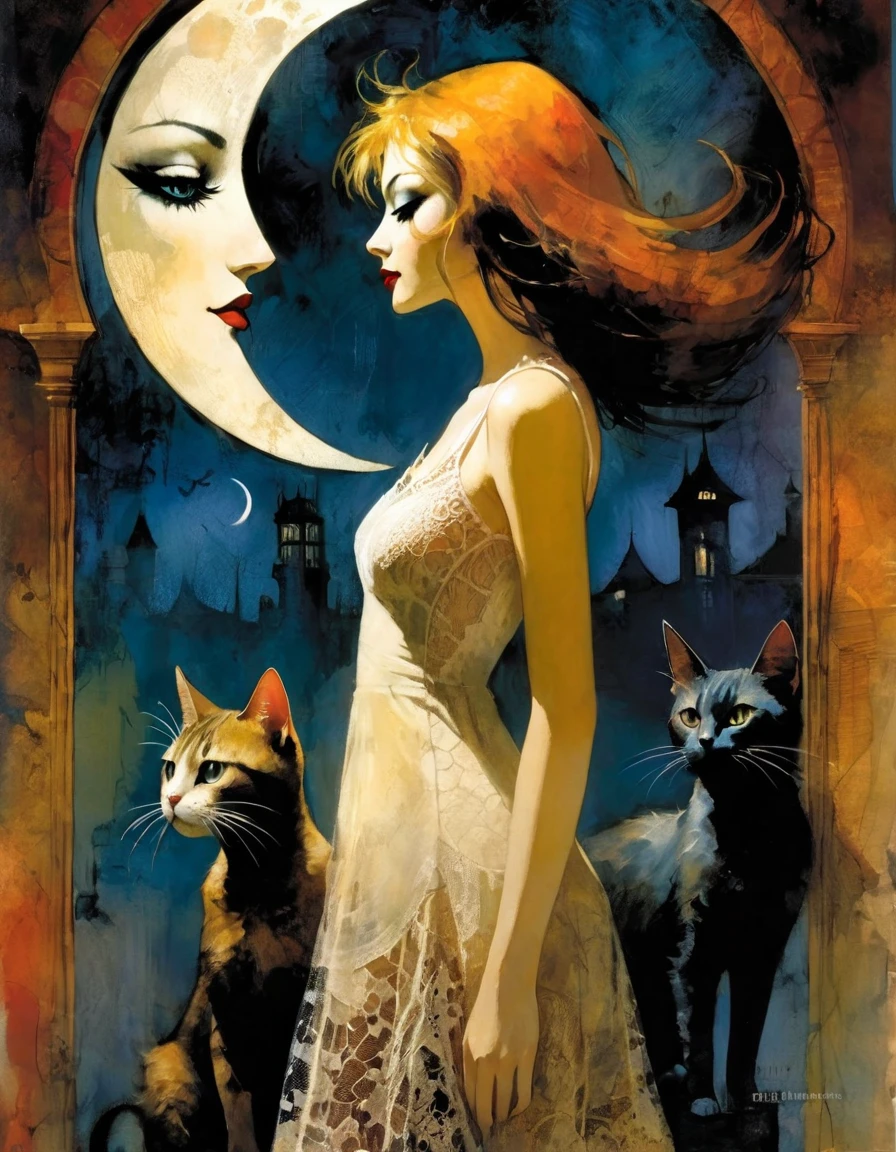 the sexy girl and the cat and the half moon, night, lace dress (inspirational art by Dave McKean and Bill Sienkiewicz, oil painting, brush stroke details that enhance depth)
