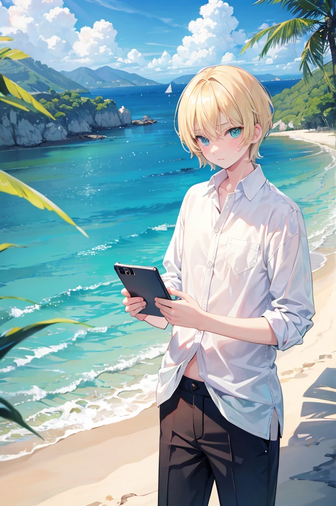 Blonde　Short Hair　Green Eyes　boy　Beautiful boy　shirt　blue sea　White sand beach　Light of the sun　smartphone　Selfie
