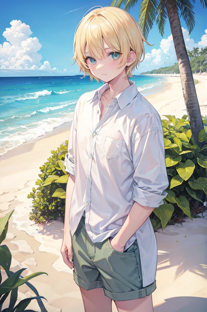 Blonde Short Hair Green Eyes boy Beautiful boy shirt blue sea White sand beach Light of the sun smartphone Selfie