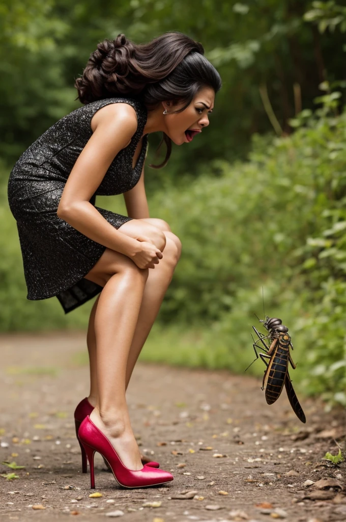 angry woman in high heels is going to step on a small insect on the ground