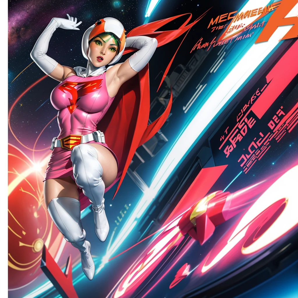 ANI_CLASSIC_jun_gatchaman_ownwaifu,1girl, ,good anatomy, masterpiece, best quality,realistic, hyperrealistic, 16k hdr,breasts,green eyes,lips,large breasts,lipstick,makeup,gloves,cape,helmet,belt,elbow gloves,white gloves,mask,ultra miniskirt,leotard,spacesuit,white tight overknee highheels boots,pink dress,superhero,bodysuit,cleavage,erected nipples,((jumping poses,arms up straight)),cameltoe