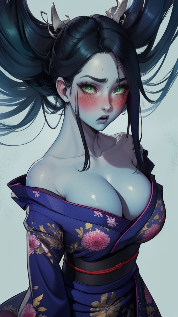 TheSpirit, floating hair ,((blue skin)),green eyes, solo, face close up, blush, embarrassed, SpiScho, black Long hair,(insanely detailed, beautiful detailed face, masterpiece, best quality),kimono, vagina