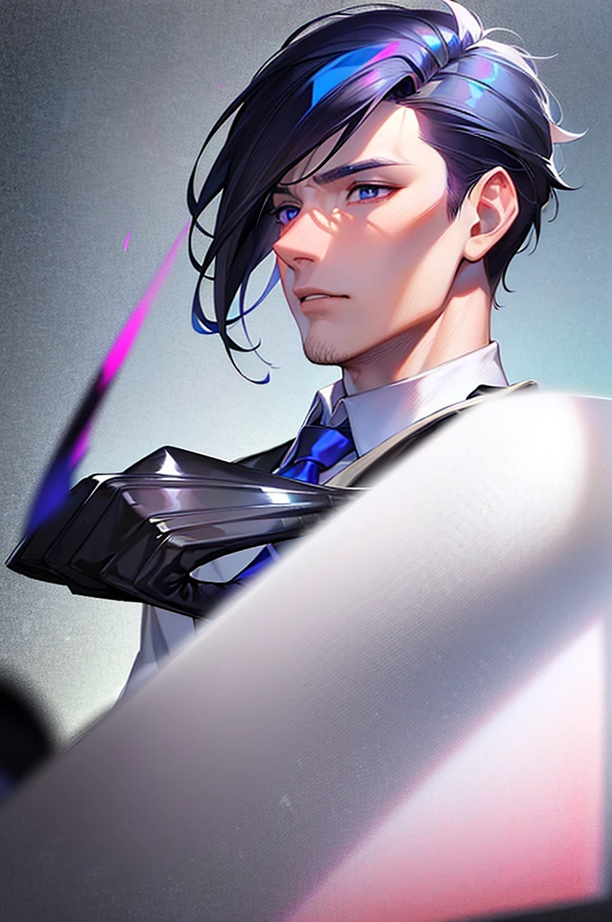 (masterpiece), best quality, expressive eyes, perfect face, Solo, male focus ,anime style,  Violet eyes, clean hair , medium hair,  wild hair, White slacks creased, Male,   black gloves, Black Vest  White button shirt, handsome, pale skin, a man with white hair and a back vest, male focus, 1boy, multicolored hair, blue necktie, two-tone hair, white hair, vest, black hair, shirt, solo, gloves, upper body, glowing purple eyes, injured, bloody, missing  right limb, torn sleeve, in pain, dirty, wounded 