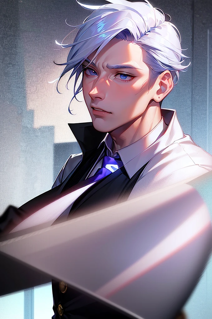 (masterpiece), best quality, expressive eyes, perfect face, Solo, male focus ,anime style,  Violet eyes, clean hair , medium hair,  wild hair, White slacks creased, Male,   black gloves, Black Vest  White button shirt, handsome, pale skin, a man with white hair and a back vest, male focus, 1boy, multicolored hair, blue necktie, two-tone hair, white hair, vest, black hair, shirt, solo, gloves, upper body, glowing purple eyes, injured, bloody, missing  right limb, torn sleeve, in pain, dirty, wounded 