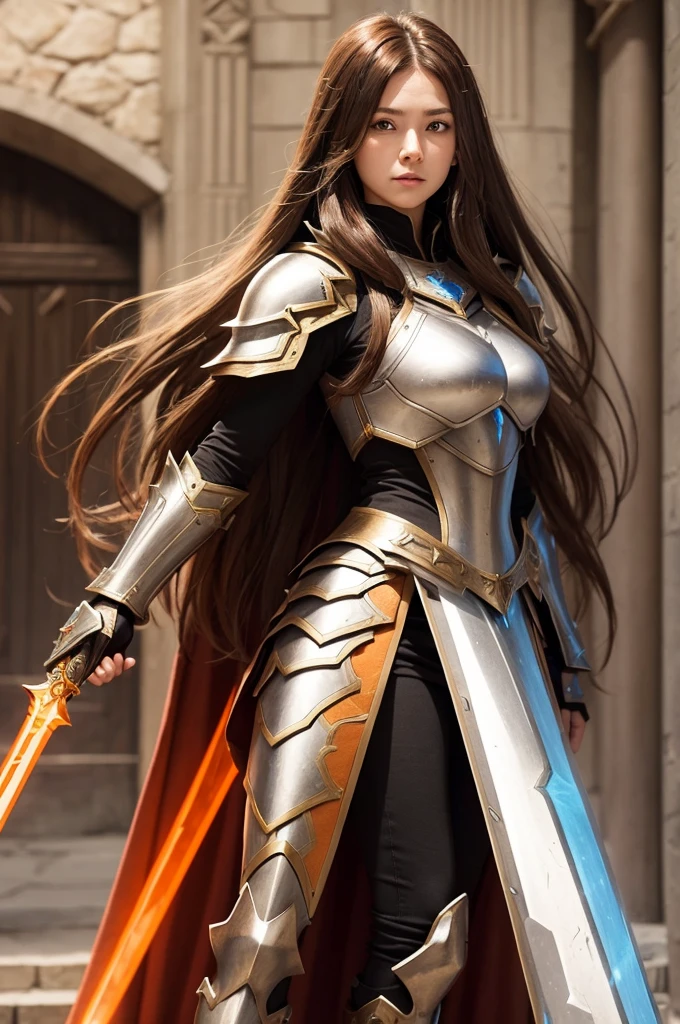 Make me an armored warrior princess with an aura greatsword, She has long brown hair with a white streak, her predominant color is orange. Medieval RPG A BAD CHARACTER