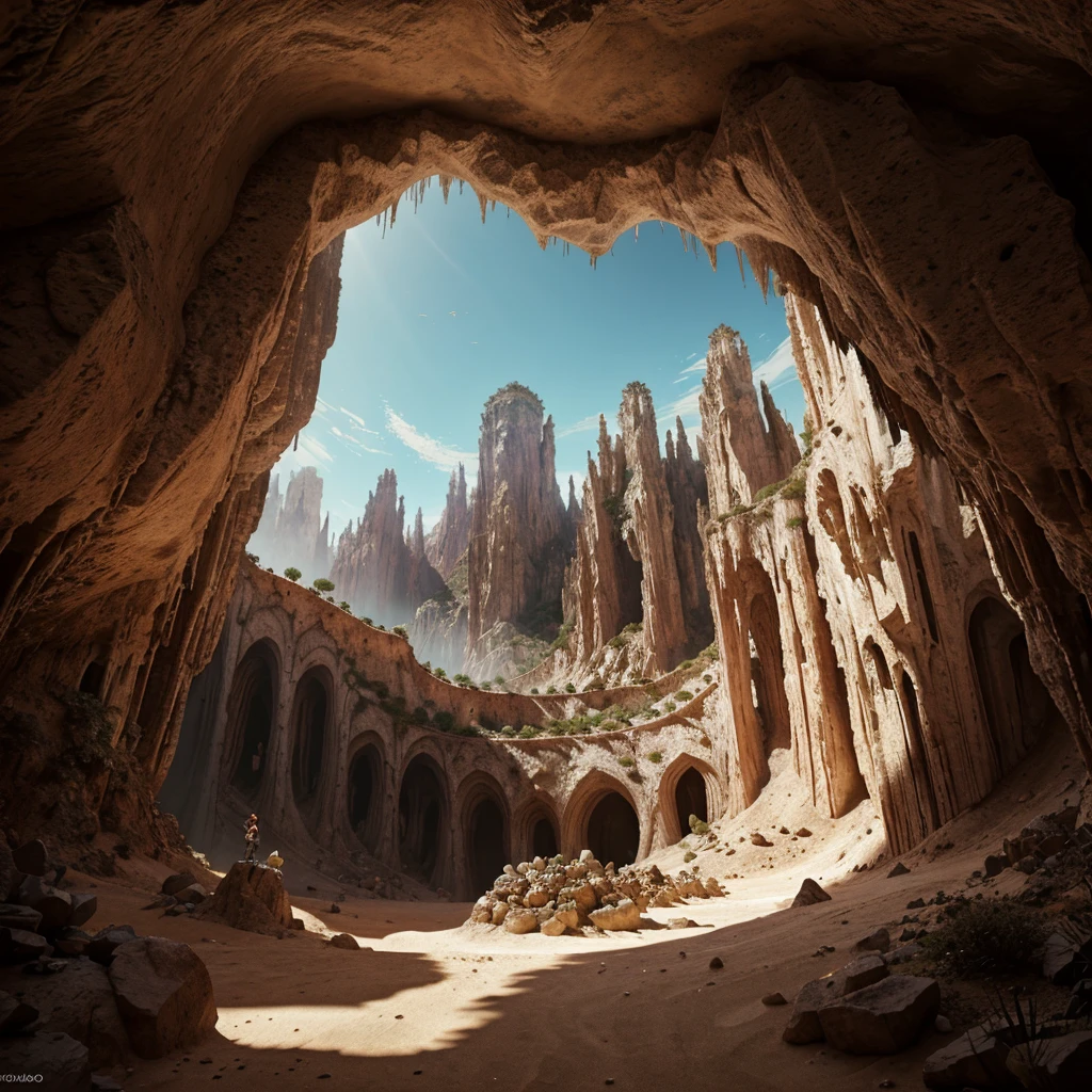 hay muchas cavidades invertidas (diferentes habitaciones, unidas por salientes de mandelbulb que forman pasadizos) in the middle of an underground canyon that makes up a mandelbulb mud village at different heights with many balconies and stalactites and stalactites, fantasy architecture, Arte digital 4k muy detallado, beautiful detailed fantasy, stunning fantasy landscape, detailed fantasy digital art, arstation y pitido altamente, fantasy style octane 8k rendering, stuning fantasy 3d rendering, 4k detail fantasy, fantasy 3d rendering, pitido de renderizado 3D, deep masive desert landscape, stalacmite cave laberinto very confuse type geonosis bubbes