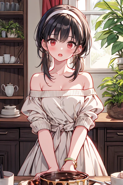 masterpiece, yor, 1girl, Amazing Cleavage:1.3, thin waist, big ass, Raised sexy, medium breast: 1.8 posed cleavage:1.2、solo, looking at viewer, open mouth, have a cup of coffee,black hair, red eyes, dress, bare shoulders, jewelry, collarbone, sidelocks, hairband, earrings, indoors, off shoulder, :o, sweater, arms behind back, plant, short hair with long locks, white hairband, off-shoulder dress, sweater dress, off-shoulder sweater, red sweater, big side hair, very long side hair,is rendered in (masterpiece: 1.2, best quality), with (ultra high resolution) and an exquisite (depth of field). This masterpiece is not only visually stunning but also tells, make of cake cooking ,in the kitchen