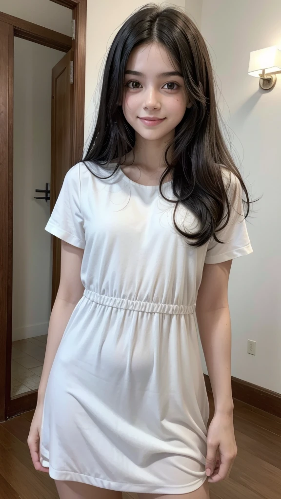 Melhor qualidade, , black hair, long hair, , pequena, linda, sorrindo, em casa, corpo todo, nova, peito pequeno, mostrando o peito, Messy hair, mostrando o corpo, luz real, realista, bem detalhado, good lighting environment, abajour, vestido curto,