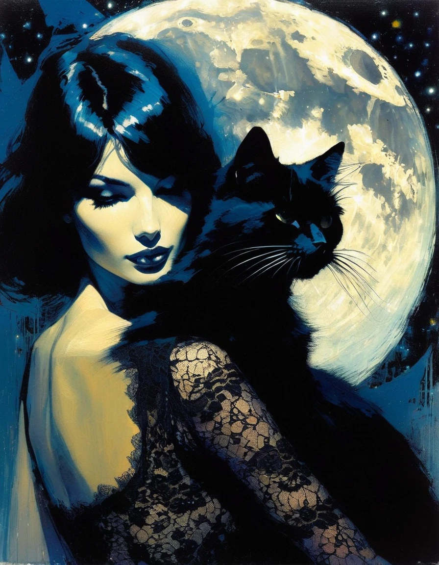 the sexy girl and the cat and the half moon, night, lace dress (inspirational art by Bill Sienkiewicz, oil painting, brush stroke details that enhance depth)

