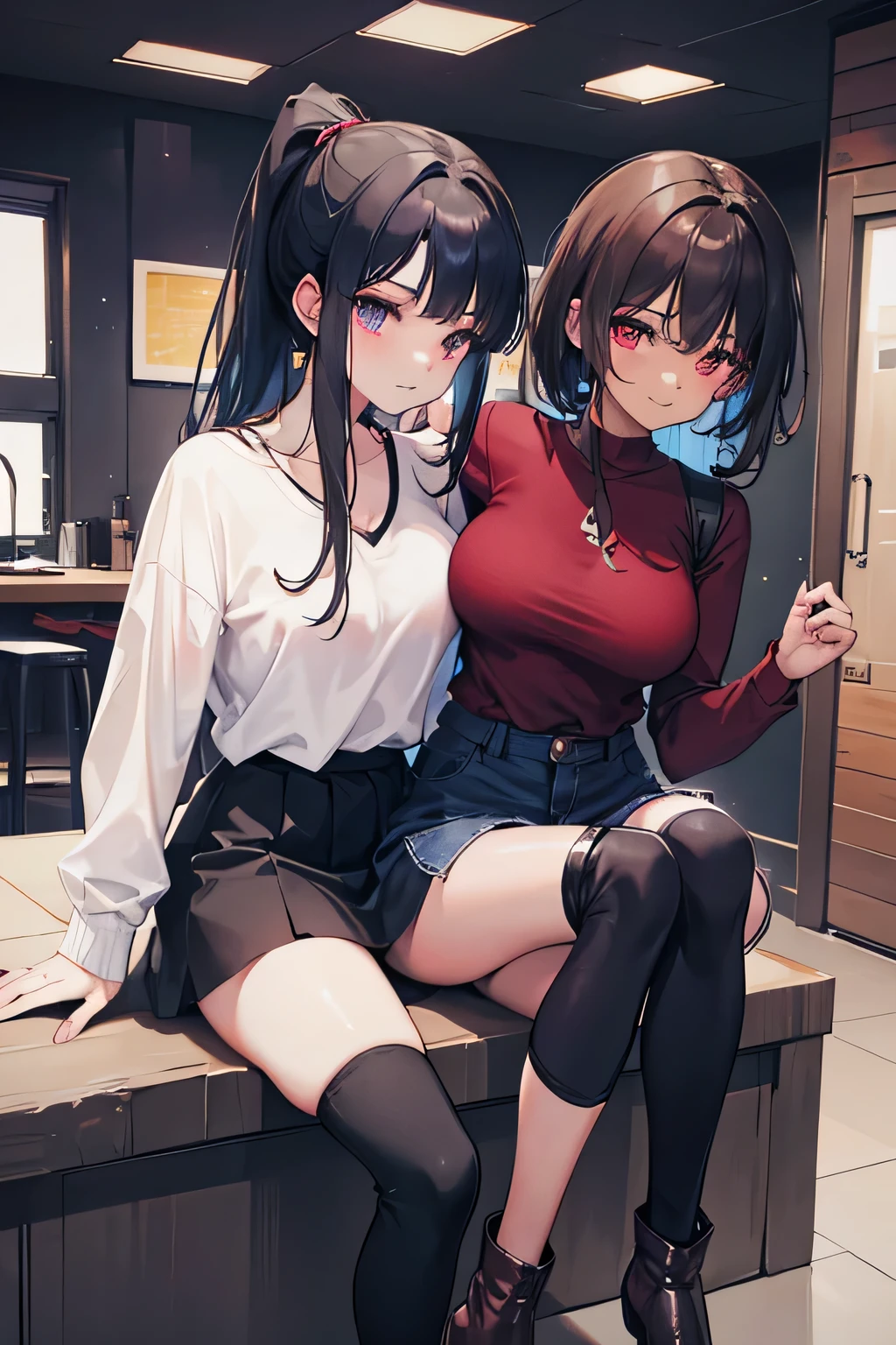 A dark-skinned girl with brown curly hair in a short ponytail and red eyes, Wearing a burgundy top with cleavage on her breasts and exposed abdomen, denim shorts and high boots,

 [hugging] 

a light-skinned woman with long straight black hair with blue streaks at the back of the head and blue eyes, Wearing a white shirt with a black jacket and a black skirt and high boots. Cute girls being happy