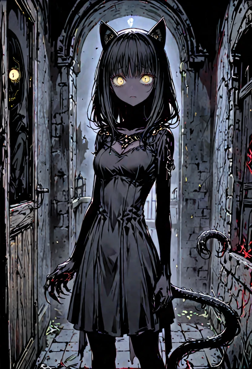 ((solo)), female with tentacles sprouting from her back, slender, very long arms, massive claws, long claws, yellow eyes, slit pupils, short black hair, pitch black skin, horror, very dark, medieval, cleavage, room, corner, wide open eyes, yandere, extremely tall, black cat ears, black cat tail, simple dress, night, close up, cat pose