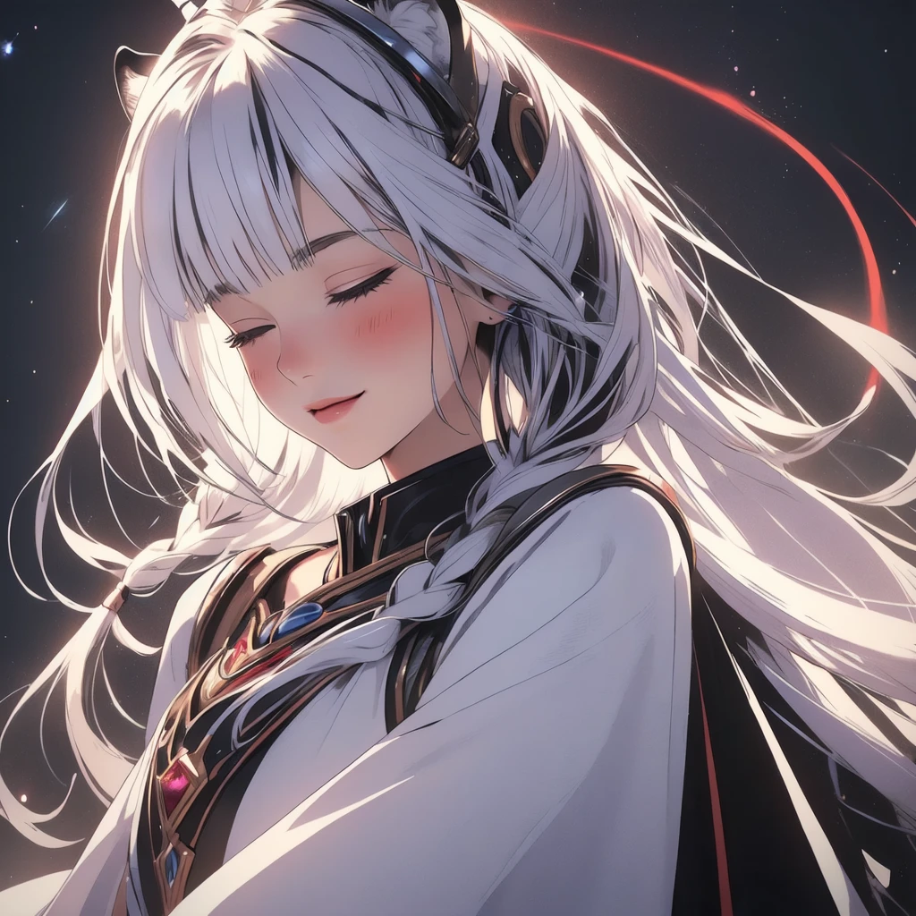 ((masterpiece)), (best quality), (ultra-detailed), photorealistic, (best illustration), ((an extremely delicate and beautiful)), 1girl, solo, long hair, tiger ears, [:tiger tail under:0.2], white hair, two-tone hair, full body, knight armor, crimson glowing details on armor, amulet on neck, Bracelets, crimson crystals in Bracelets, long lilac cape, closed eyes, looking at viewer, malicious smile, blush, in space, goddess, low twin braids, loosen hair, quiet gesture, white armor, cybernetic armor, hyper detailed space,best illumination. 