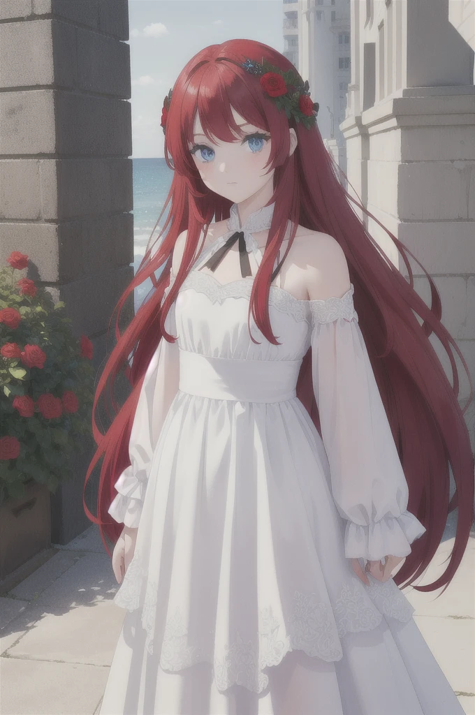 
long red hair, girl, white dress with black flowers, blue eyes