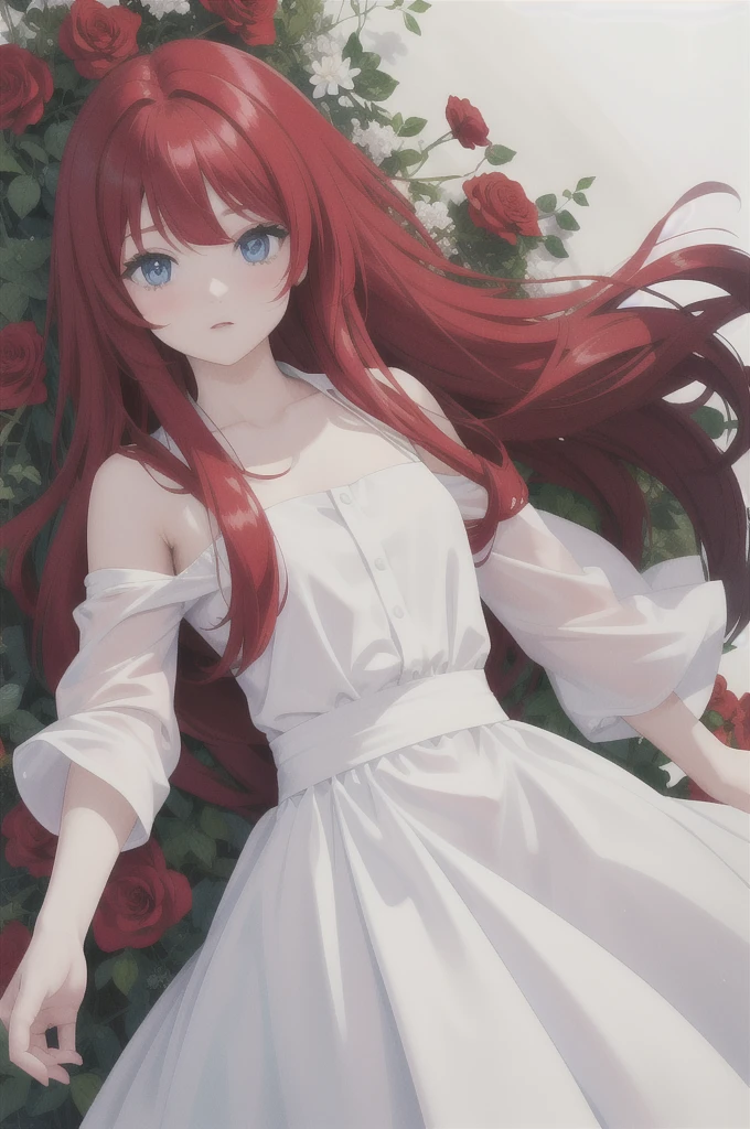 long red hair, girl, white dress with black flowers, blue eyes