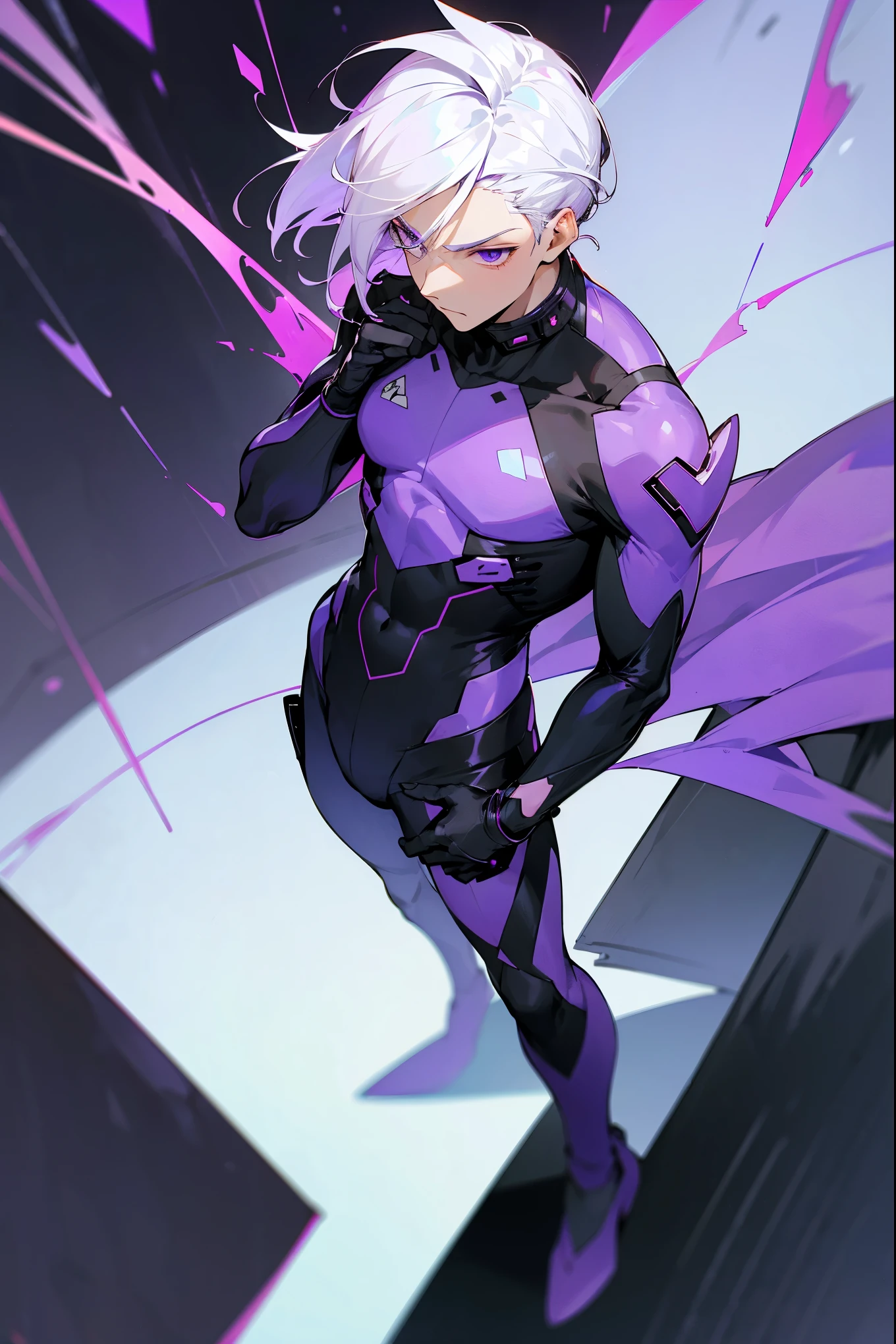 1male, white hair, purple undertone, comb over hair, purple eyes , full body combat suit, serious expression, black suit with white accents, city background, standing on path, hands behind back