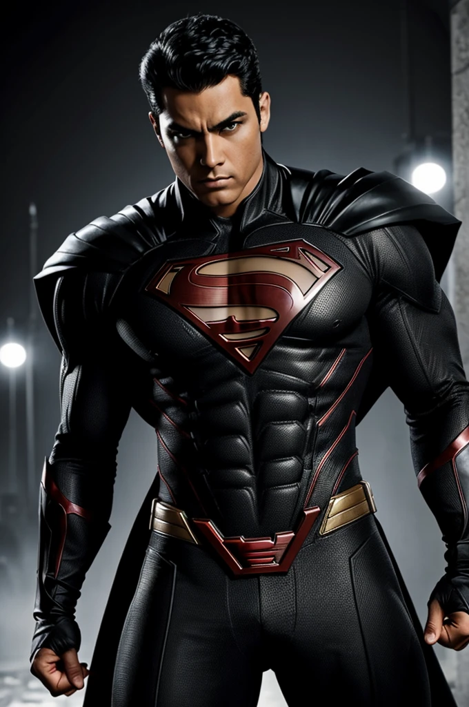 DC comics, personaje masculino, rasgos finos, pelo negro corto, ojos negros y un traje negro, DC comics style, white skin with a serious expression