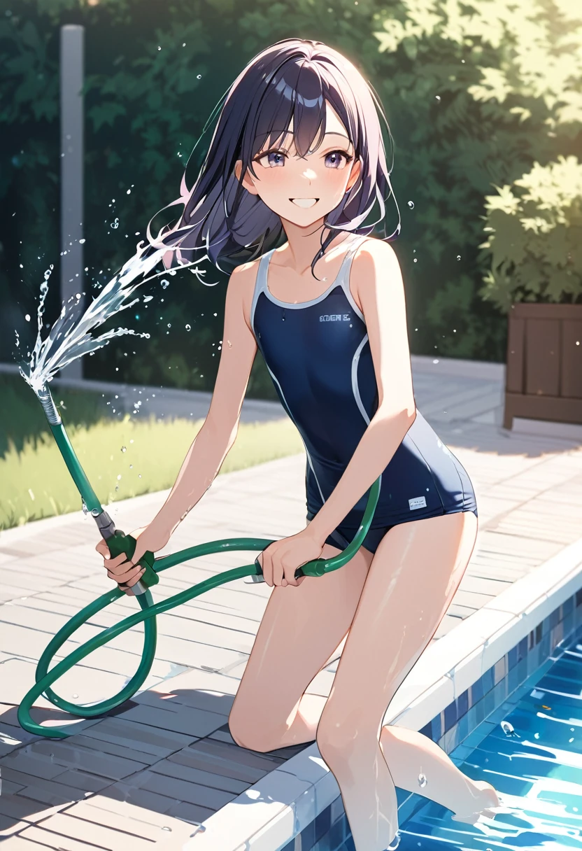 beautiful girl、16 years old、School Swimsuit、Flat Chest、Poolside、smile、Spraying water with a hose