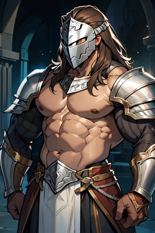 Muscular man long brown hair silver armor mask bare chested silver knight armor