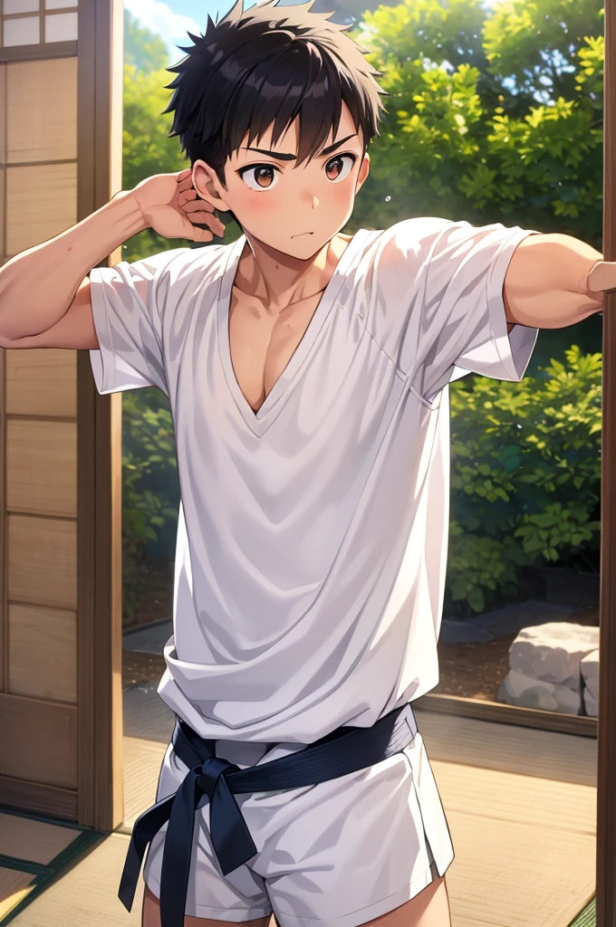 cool,,,,Refreshing athletic guy,,,boy,charm,Action,Vibrancy,Japanese high school student style,Magazine talent style,clavicle,thin limbs,Male Focus,main character,Buddy,Gentle Breeze,Dust,Natural light,Big white shirt,face,hand,eye,Her personality is pure and cute、Brainwashed Shota Brother,