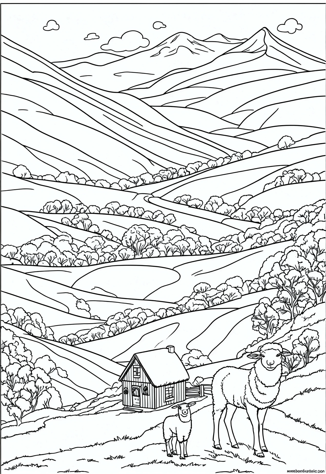 Book page coloring art, All-white background, Use only outlines, line art, coloring book, Clean line art, For coloring Simple and clean line art, coloring book page, perfect symmetric details, Hills and Valleys: Rolling hills with fluffy sheep grazing, a distant mountain range with snow-capped peaks, a cozy cottage nestled in a valley with smoke coming out of the chimney, and a shepherd with a dog watching over the sheep.