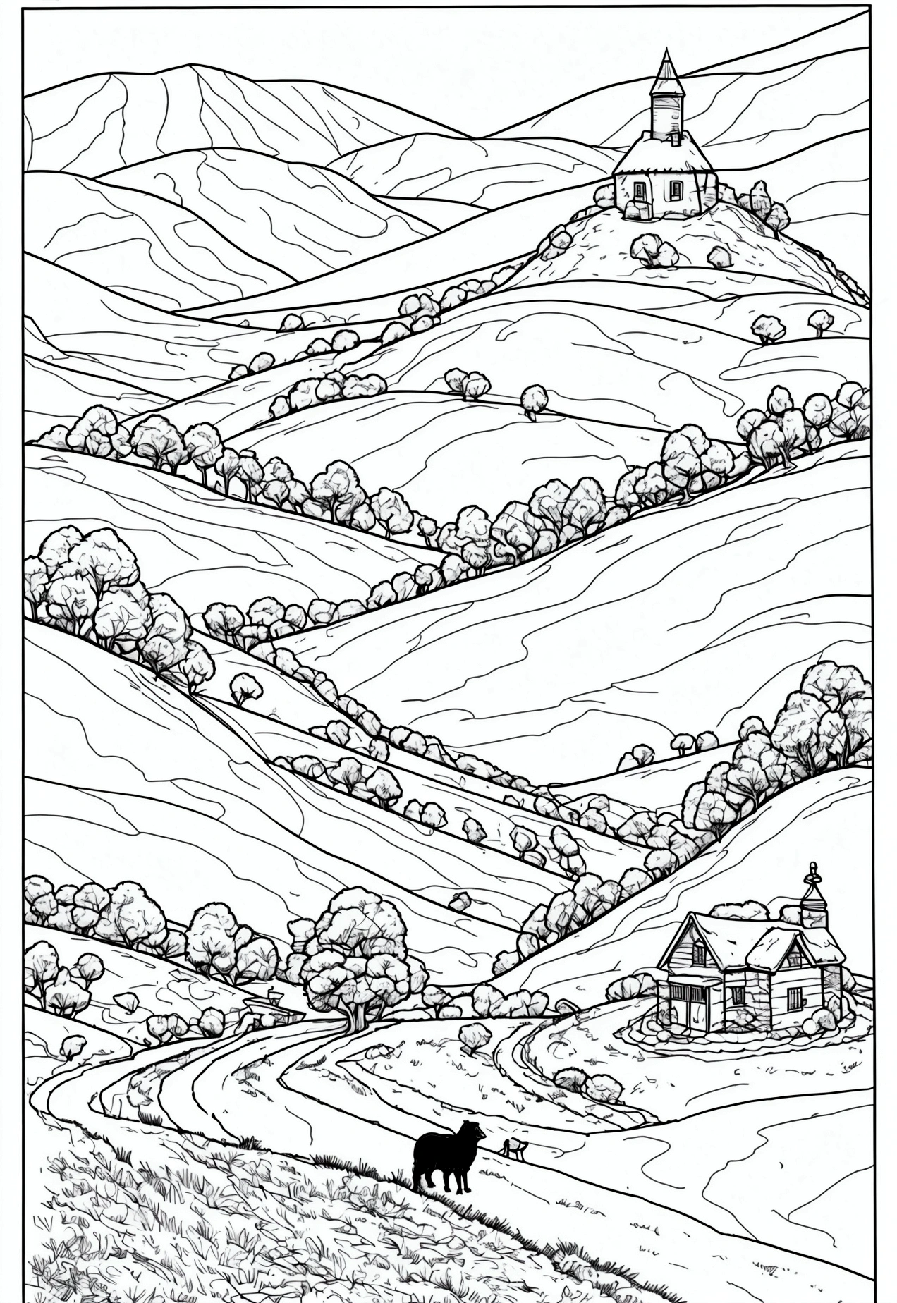 Book page coloring art, All-white background, Use only outlines, line art, coloring book, Clean line art, For coloring Simple and clean line art, coloring book page, perfect symmetric details, Hills and Valleys: Rolling hills with fluffy sheep grazing, a distant mountain range with snow-capped peaks, a cozy cottage nestled in a valley with smoke coming out of the chimney, and a shepherd with a dog watching over the sheep.
