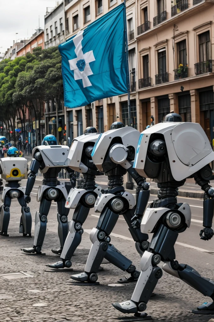  robots centinelas frente manifestantes tirando piedras. En Buenos Aires, Argentina. 