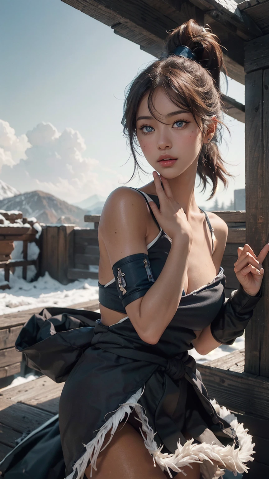 (once:1.2), muscular woman, (ponytail, hair tubes:1.2), bare chest, naked girl, naked girl, naked tits , naked girl, naked girl, tits, Without clothing, naked , Brown hair, Blue eyes , winter background, (Tan skin, dark skin, dark-skinned woman:1.5), (realistic:1.2), (masterpiece:1.2), (full body shot:1.2),(cowboy shot:1.2), neon lighting, dark romantic lighting, (very detailed:1.2),(detailed face:1.2), (gradients), Colorful, Detailed eyes, (detailed landscape:1.2), (daylight:1.2),(detailed background), detailed landscape, (cute pose:1.2), One, close-up,