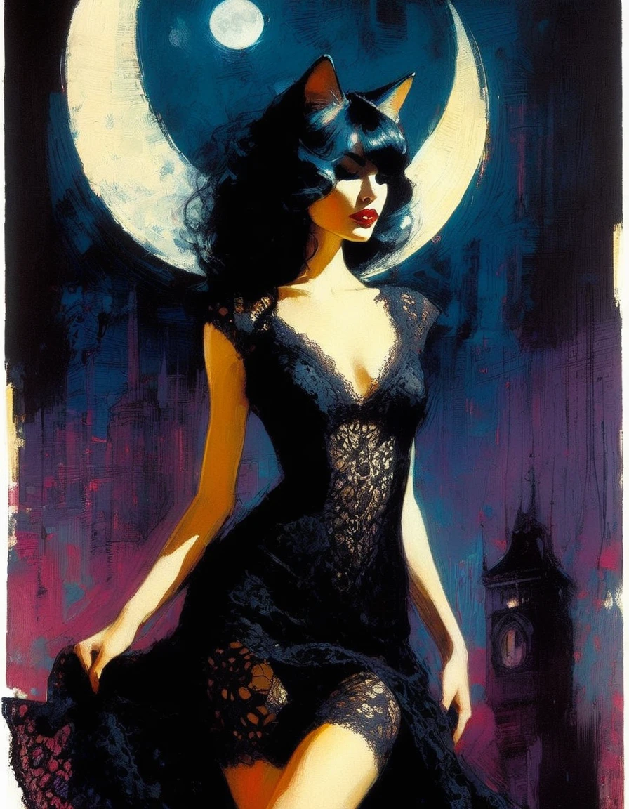 the sexy girl and the cat and the half moon, night, lace dress (inspirational art by Bill Sienkiewicz, oil painting, brush stroke details that enhance depth)