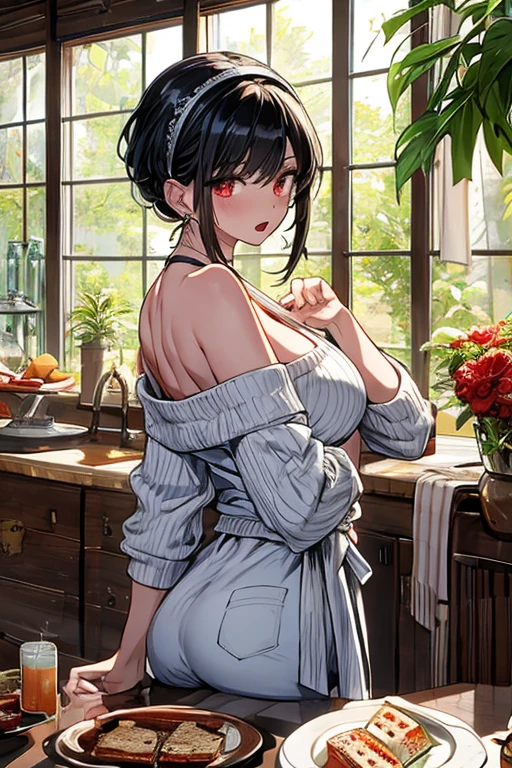 masterpiece, yor, 1girl, Amazing Cleavage:1.3, thin waist, big ass, Raised sexy, medium breast: 1.8 posed cleavage:1.2、solo, looking at viewer, open mouth, have a cup of coffee,black hair, red eyes, dress, bare shoulders, jewelry, collarbone, sidelocks, hairband, earrings, indoors, off shoulder, :o, sweater, arms behind back, plant, short hair with long locks, white hairband, off-shoulder dress, sweater dress, off-shoulder sweater, red sweater, big side hair, very long side hair,is rendered in (masterpiece: 1.2, best quality), with (ultra high resolution) and an exquisite (depth of field). This masterpiece is not only visually stunning but also tells, make of cake cooking ,in the kitchen