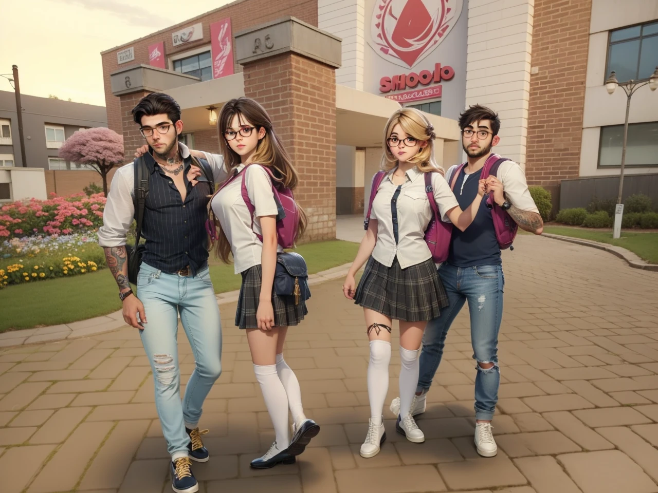Best quality, adolescentes, casal, namorados, ambiente escolar, mochila, camisa com gravatas, saia, Jeans, gold watch, cabelo longos curto, glasses, sapatos brancos, tatto