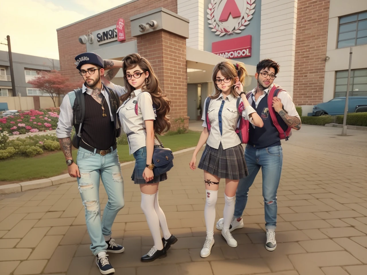 Best quality, adolescentes, casal, namorados, ambiente escolar, mochila, camisa com gravatas, saia, Jeans, gold watch, cabelo longos curto, glasses, sapatos brancos, tatto