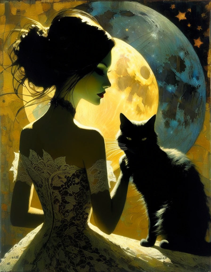 the sexy girl and the cat and the half moon, night, lace dress (inspirational art by Dave McKean, oil painting, brush stroke details that enhance depth)